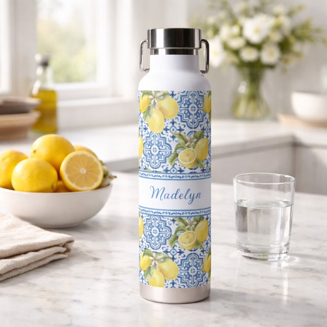 Personalized Name Blue Tile Mediterranean Lemon Water Bottle (Creator Uploaded)