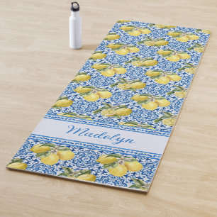 Personalized Name Blue Tile Mediterranean Lemon Yoga Mat