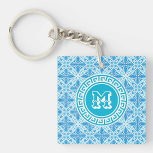 Personalized Name Blue Trellis Print White Text Keychain