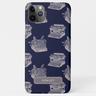 Personalized Name Blue Vintage Typewriter Pattern iPhone 11 Pro Max Case