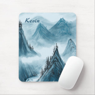 Personalized Name Blue White Mountain View Mouse Pad