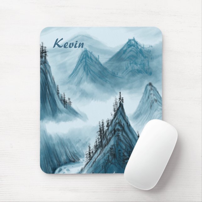 Personalized Name Blue White Mountain View Mouse Pad (With Mouse)