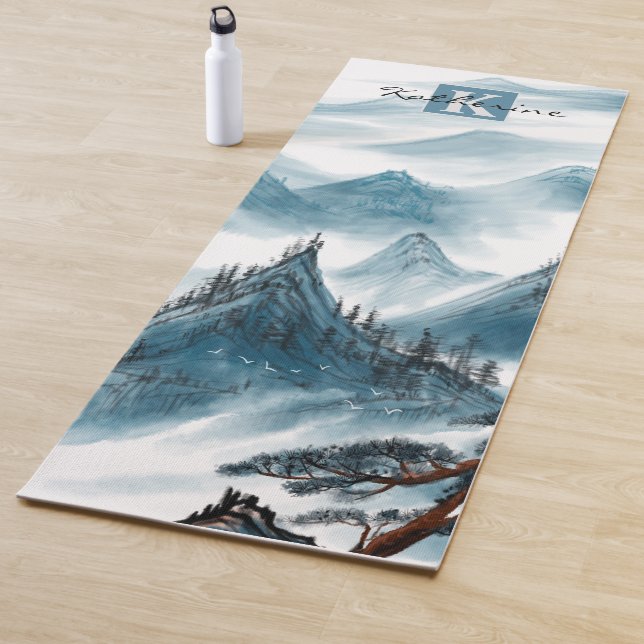 Personalized Name Blue White Mountain View Yoga Mat (In Situ)
