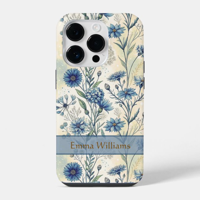 Personalized Name Blue Wildflowers iPhone Case (Back)