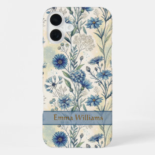 Personalized Name Blue Wildflowers iPhone 16 Plus Case