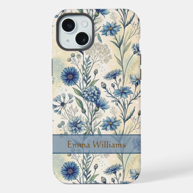 Personalized Name Blue Wildflowers iPhone Case (Back)
