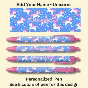 Personalized Name, Blue with Pink White Unicorns Black Ink Pen