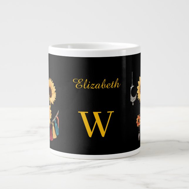 Personalized Name Boho Floral Sunflower Black Large Coffee Mug (Front)