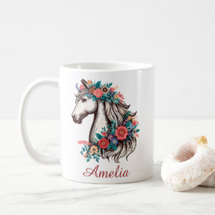 Personalized Name Boho Horse with Flowers Coffee Mug