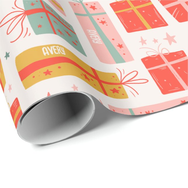 Personalized Name Boho Presents Pattern Christmas Wrapping Paper (Roll Corner)