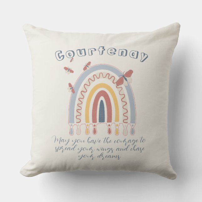 Personalized Name Boho Rainbow Butterfly Throw Pillow (Front)
