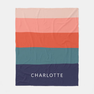 Personalized Name Bold Blue Pink Stripes Decor Fleece Blanket