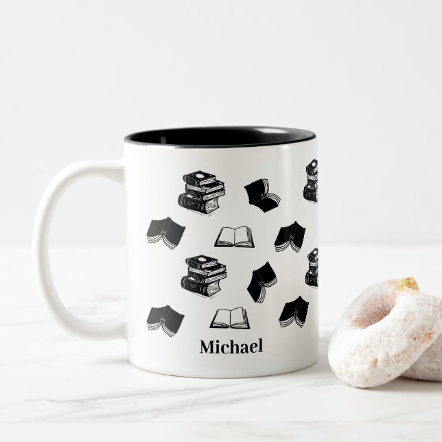 Personalized Name Bookish Bibliophile Book Pattern Two-Tone Coffee Mug (With Donut)