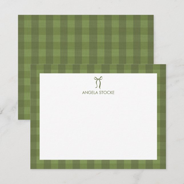 Personalized Name Bow Green Gingham Card (Front/Back)