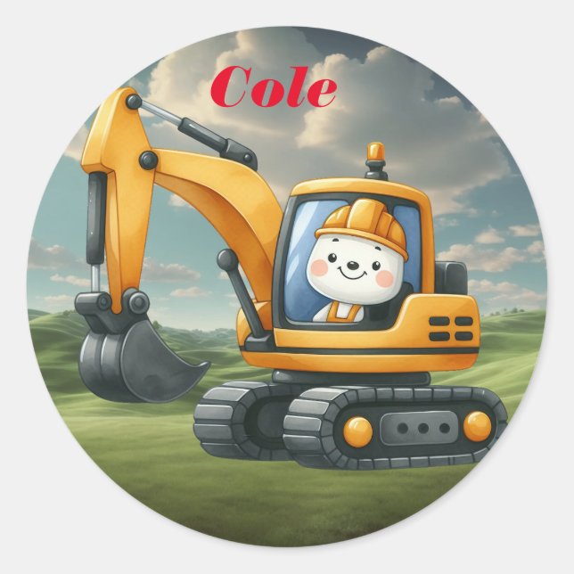 Personalized name boy's Excavator Classic Round Sticker (Front)