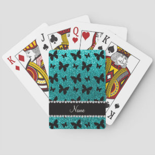Personalized name bright aqua glitter butterflies playing cards
