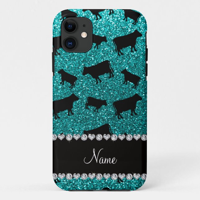 Personalized name bright aqua glitter cows Case-Mate iPhone case (Back)
