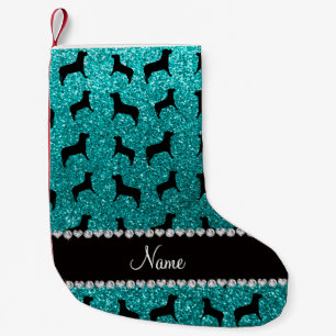 Personalized name bright aqua glitter dogs small christmas stocking