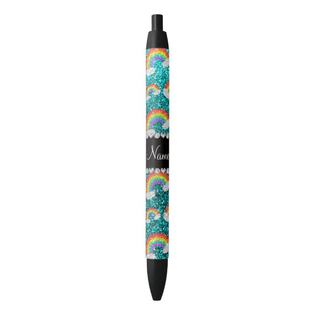 Personalized name bright aqua glitter rainbows black ink pen (Front Vertical)