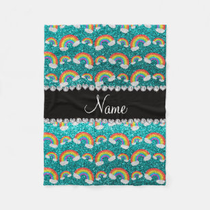 Personalized name bright aqua glitter rainbows fleece blanket