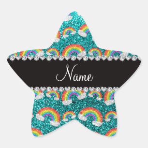 Personalized name bright aqua glitter rainbows star sticker