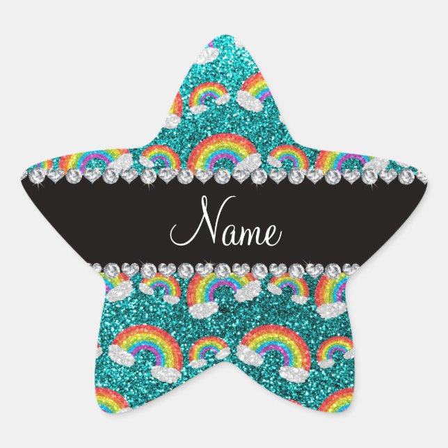 Personalized name bright aqua glitter rainbows star sticker (Front)