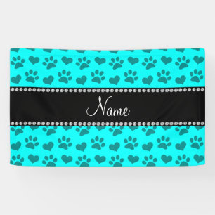 Personalized name bright aqua hearts and paw print banner