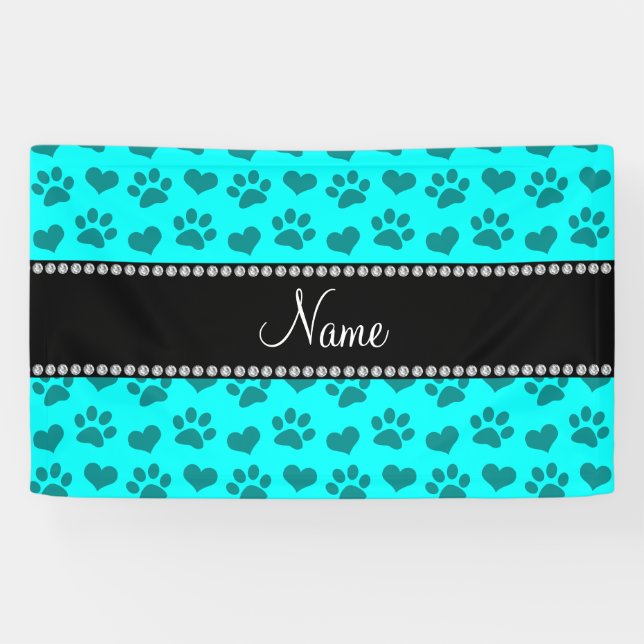 Personalized name bright aqua hearts and paw print banner (Horizontal)