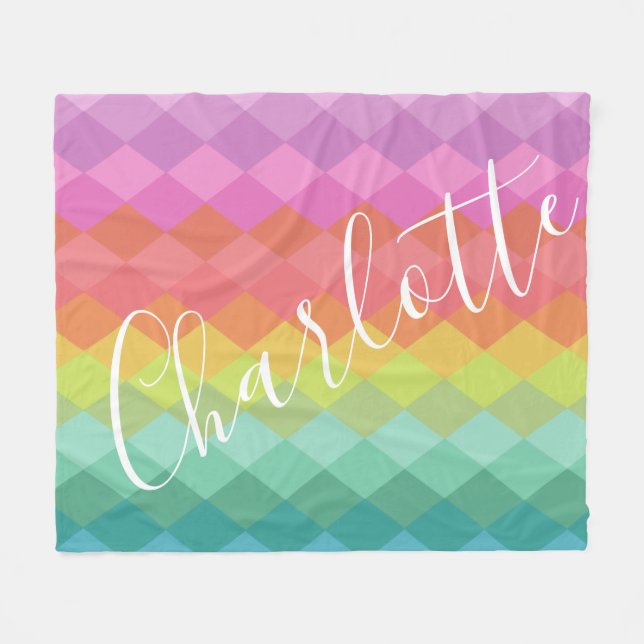 Personalized Name Bright Colourful Rainbow Geometr Fleece Blanket (Front (Horizontal))