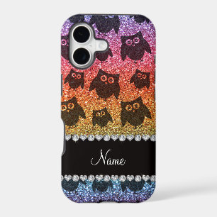 Personalized name bright rainbow glitter owls