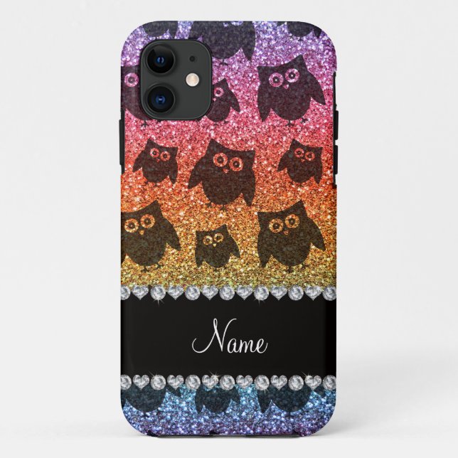 Personalized name bright rainbow glitter owls Case-Mate iPhone case (Back)