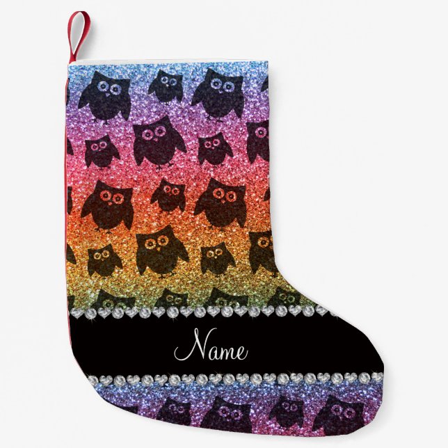 Personalized name bright rainbow glitter owls small christmas stocking (Front)
