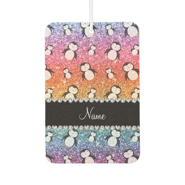 Personalized name bright rainbow glitter penguins air freshener (Front)