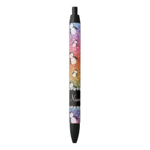 Personalized name bright rainbow glitter penguins black ink pen