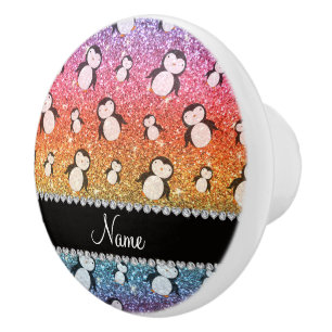 Personalized name bright rainbow glitter penguins ceramic knob