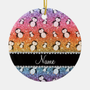 Personalized name bright rainbow glitter penguins ceramic ornament