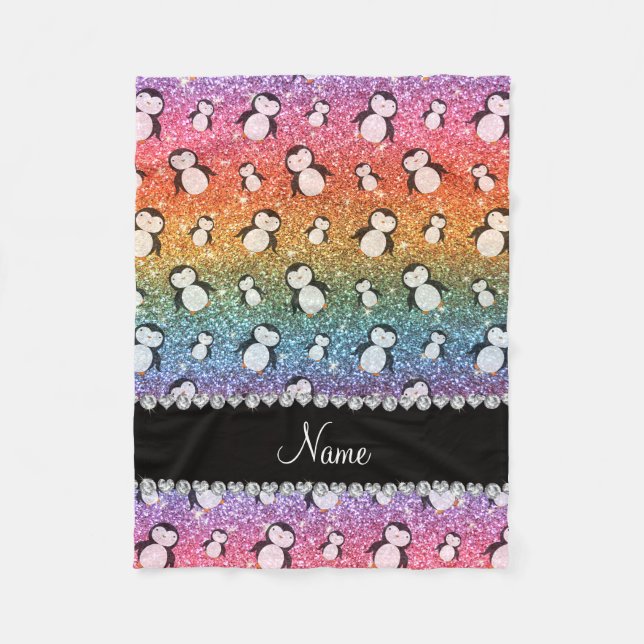 Personalized name bright rainbow glitter penguins fleece blanket (Front)