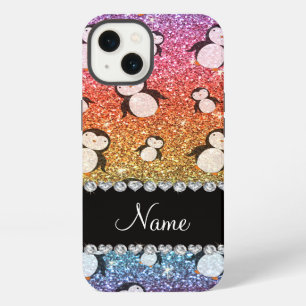 Personalized name bright rainbow glitter penguins iPhone 13 case
