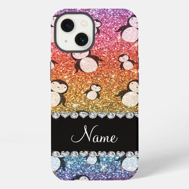 Personalized name bright rainbow glitter penguins iPhone case (Back)