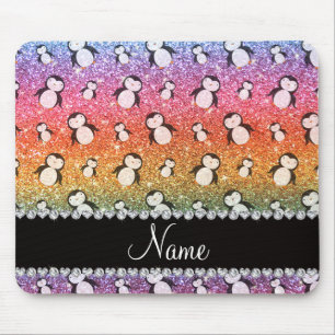 Personalized name bright rainbow glitter penguins mouse pad