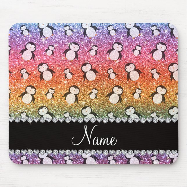 Personalized name bright rainbow glitter penguins mouse pad (Front)