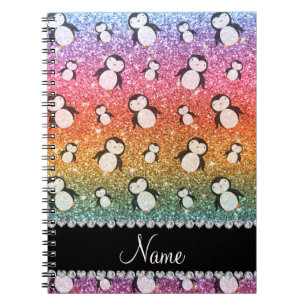 Personalized name bright rainbow glitter penguins notebook