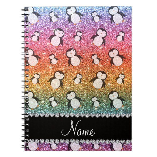 Personalized name bright rainbow glitter penguins notebook (Front)