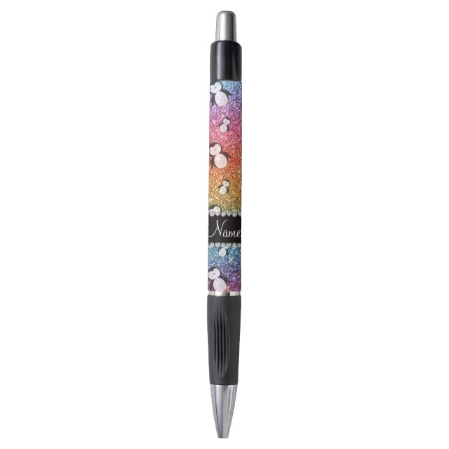 Personalized name bright rainbow glitter penguins pen (Front Vertical)