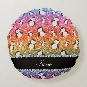 Personalized name bright rainbow glitter penguins round pillow