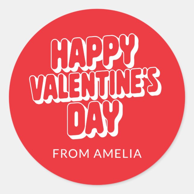 Personalized Name Bright Red Valentine's Day From Classic Round Sticker (Front)