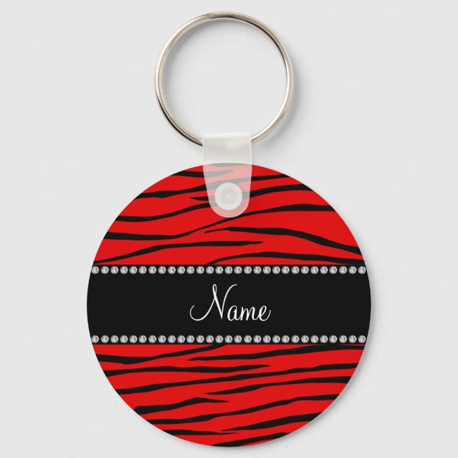 Personalized name bright red zebra stripes keychain (Front)