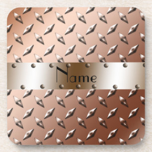 Personalized name brown diamond plate steel coaster