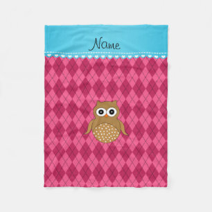 Personalized name brown owl pink argyle fleece blanket