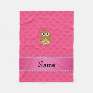 Personalized name brown owl pink hearts fleece blanket